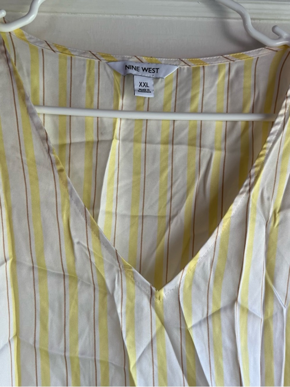 Nine West Yellow and White Striped Peplum V-Neck Blouse - Picture 4 of 8